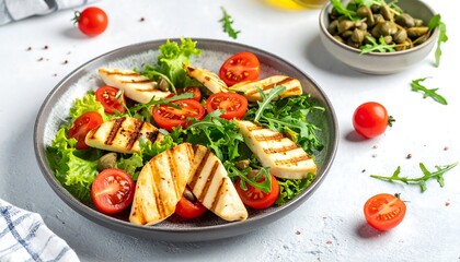 A healthy plate of grilled cheese, tomatoes, and greens. Small tomatoes and arugula add colorful contrast. Capers are visible on the side