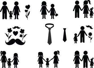 Family silhouette icons, mother and child, father and son, love symbols, parenting, gift, mustache, flower, teamwork, unity, holiday, care, bonding, relationship, affection, celebration, motherhood, 