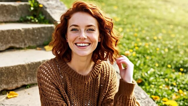 Happy young redhead woman smiling outdoors in a park. Portrait of a beautiful girl with freckles laughing on a sunny autumn day. Natural beauty and positive emotion concept