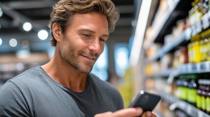 Man smiling at smartphone in grocery store aisle