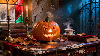Obraz premium A realistic Halloween still life on a wooden table — carved pumpkins with glowing candles inside, dry leaves, old books, and a warm orange ambient light. Soft shadows, cinematic lighting, cozy autumn 