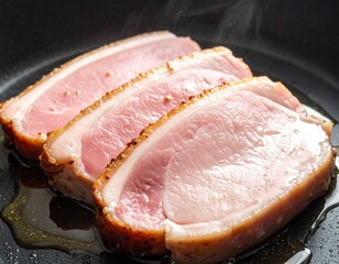 Slices of pork frying in a pan