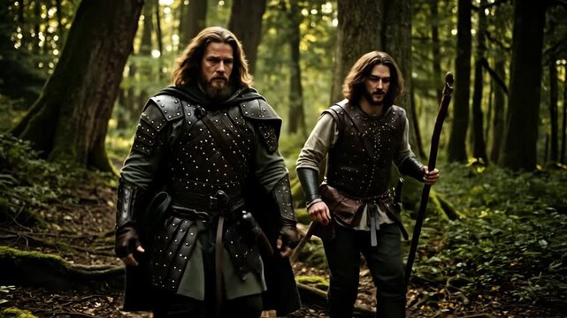 Two medieval fantasy warriors on a quest through a dense forest. An armored ranger and his companion exploring a mysterious wilderness. Adventure and exploration concept