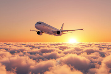 Obraz premium Airplane soaring above clouds at sunrise, a symbol of travel and adventure in the sky