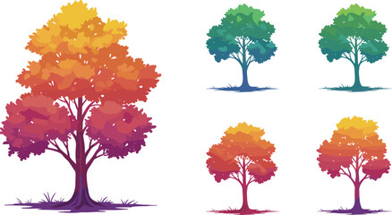 Stylized multicolored tree collection vector illustration with gradient foliage variations, seasonal abstract artwork for creative design, environment, and decorative conten