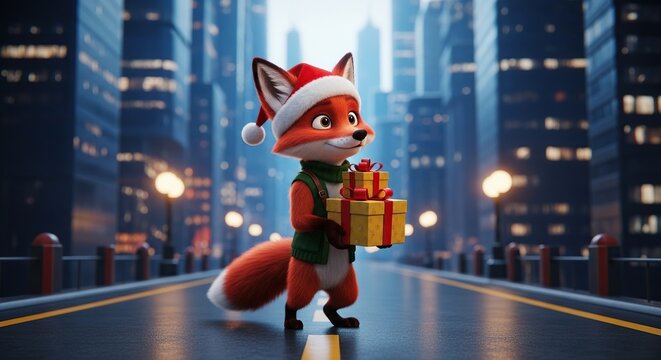 Cute fox in a santa hat holding gifts in a city at night - Powered by Adobe
