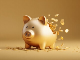 Golden piggy bank breaking open studio 3d animation clean environment close-up view financial concept