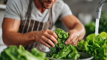 Person washing fresh green lettuce in a kitchen