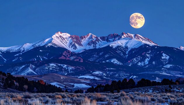 A majestic, snow-capped mountain range bathed in twilight with the full moon rising brightly above, silhouetted against the darkening sky