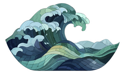 Wave illustration in mosaic style blue green colors isolated on black background