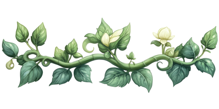 Curving plant with pale flowers, leafy tendrils, isolated artwork