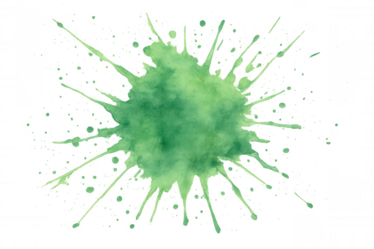 Green emerald watercolor splash creating abstract art with paint splatter isolated on transparent background