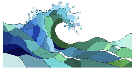 Stylized wave illustration in blues and greens against black background
