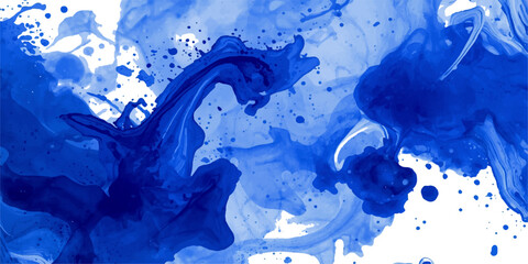 Blue and yellow watercolor paint splashes with water drops on a grunge paper texture