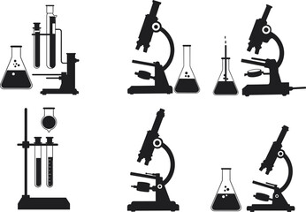 Laboratory equipment, science tools, microscope, test tube, flask, silhouette icons, research setup, chemistry lab, black and white, scientific illustration