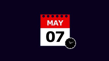 Red and white tear-off calendar page showing May 7th next to a black analog clock on a dark blue background