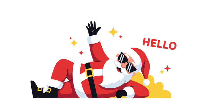 A cool santa claus wearing sunglasses and waving hello with stars sparkling around him.