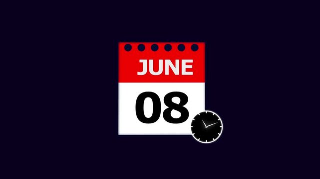 June 8th Calendar Page with Clock Icon on Dark Blue Background date