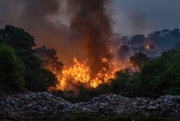Waste dump engulfed in flames during evening with dark smoke billowing from burning garbage and debris