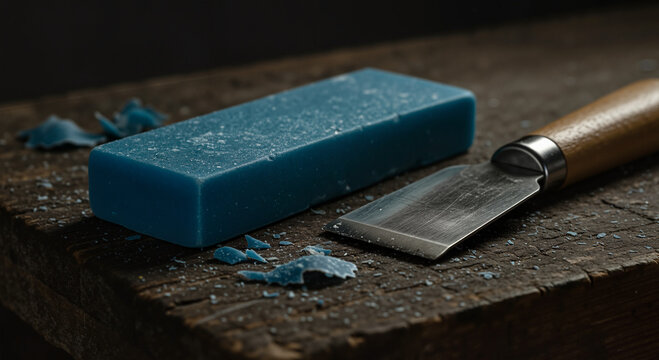A blue block of ski wax and scraper on a rustic wooden surface, a great still life photo for sports equipment shops and blogs.