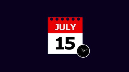 July 15th Calendar Page with Clock Icon on Dark Blue Background date