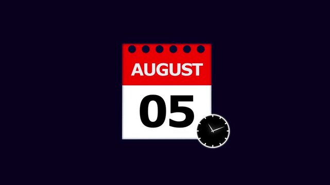 August 5th Calendar Page with Clock Icon on Dark Background fifth date