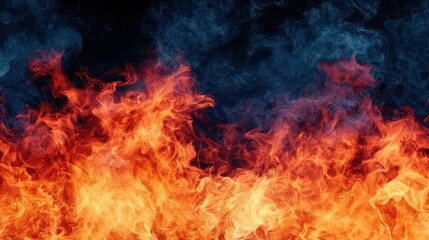 Fototapeta premium A vibrant display of orange and blue flames with swirling smoke, creating a dynamic and intense visual effect.