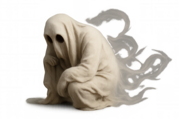 Mourning ghost sitting, expressing grief and loss, representing sadness, solitude, and difficult emotions, transparent background