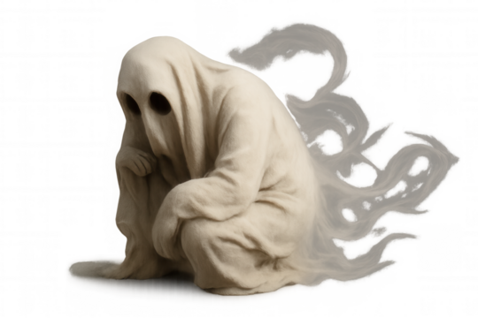 Mourning ghost sitting, expressing grief and loss, representing sadness, solitude, and difficult emotions, transparent background