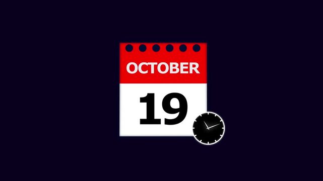 October 19th Calendar Page with Clock Icon on Dark Blue Background nineteenth date