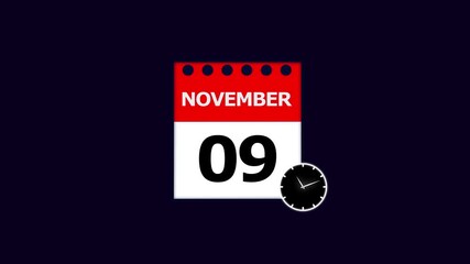 November 9th Calendar Page with Clock Icon on Dark Background ninth date