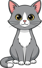 Cute Gray and White Cartoon Cat Sitting Adorably.
