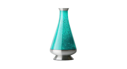 Teal lava lamp with silver base, fluid motion, against black background