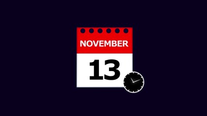 November 13th Calendar Page with Clock Icon on Dark Background date
