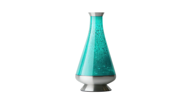 Teal lava lamp with silver base, fluid motion, against black background