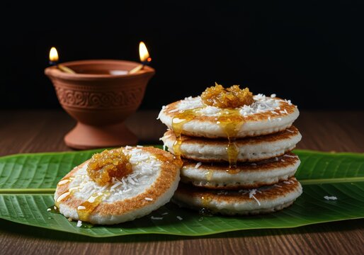 Stack of appam pancakes with topping and syrup on a banana leaf with a candle in the background