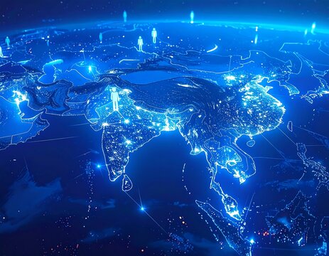 A glowing blue Earth globe, emphasizing Asia, with lights representing cities and miniature human figures scattered around. A futuristic depiction
