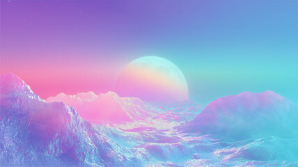 Fantastic landscape with mountains, clouds, sun - background horizontal poster. Vaporwave surreal style. Digital illustration. AI artwork.	