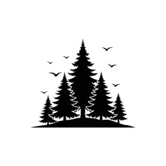 Fototapeta premium Silhouette of evergreen trees with flying birds on a white background.