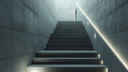 Obraz premium A staircase with concrete walls on both sides, minimalist handrail and geometric lighting