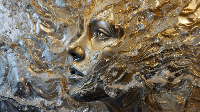  abstract human face dissolving into liquid gold 