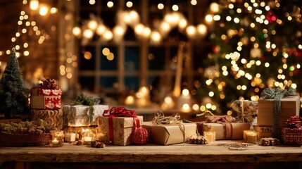 decorated xmas table with merry christmas gifts in cozy santa home interior banner happy new year presents boxes in workshop late in night with lights on xmas tree holiday eve background no logos no