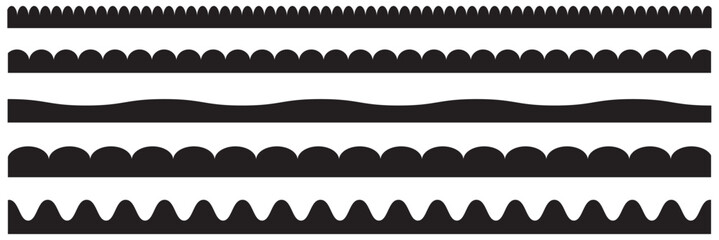 Scalloped edge line border strokes set. Fabric laces silhouette frame. Repeat cute vintage frill ornament. Black color Scalloped edge. Vector illustration. EPS 10.