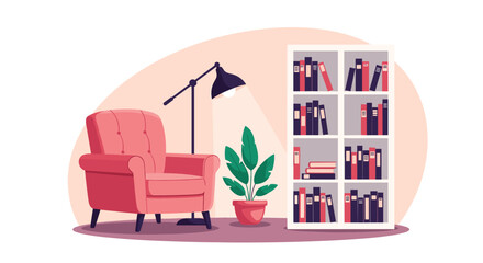 Obraz premium A cozy reading nook featuring a plush armchair a floor lamp and a bookshelf filled with books.