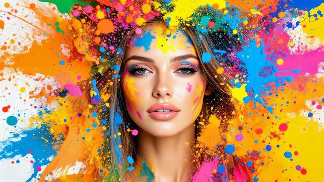 Portrait of a fair-skinned woman covered in vibrant colors and paint splashes during a celebration of art and creativity