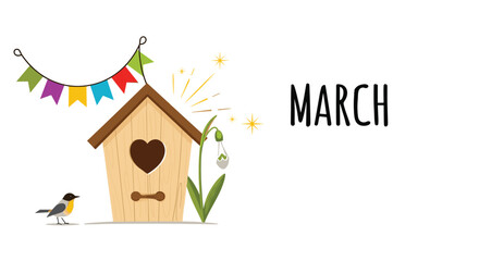A charming birdhouse welcomes the arrival of spring in march with festive decorations and new life.