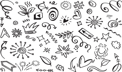 A versatile collection of hand-drawn doodle sketch elements. This vector set includes arrows, hearts, stars, swirls, and other decorative accents for creative design concepts