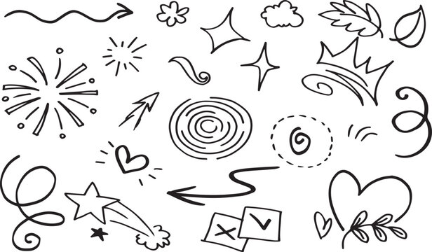 A collection of hand-drawn doodle , featuring stars, hearts, swirls, and decorative flourishes, perfect for adding whimsical charm and visual interest to various creative projects