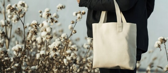 Person holding a blank white tote bag in a cotton field