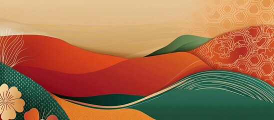 Abstract Landscape with Vibrant Colors and Japanese Patterns